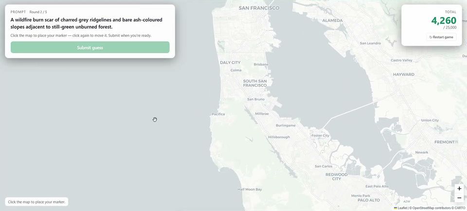 The game asking the player to find a wildfire burn scar on a map of the San Francisco Bay Area
